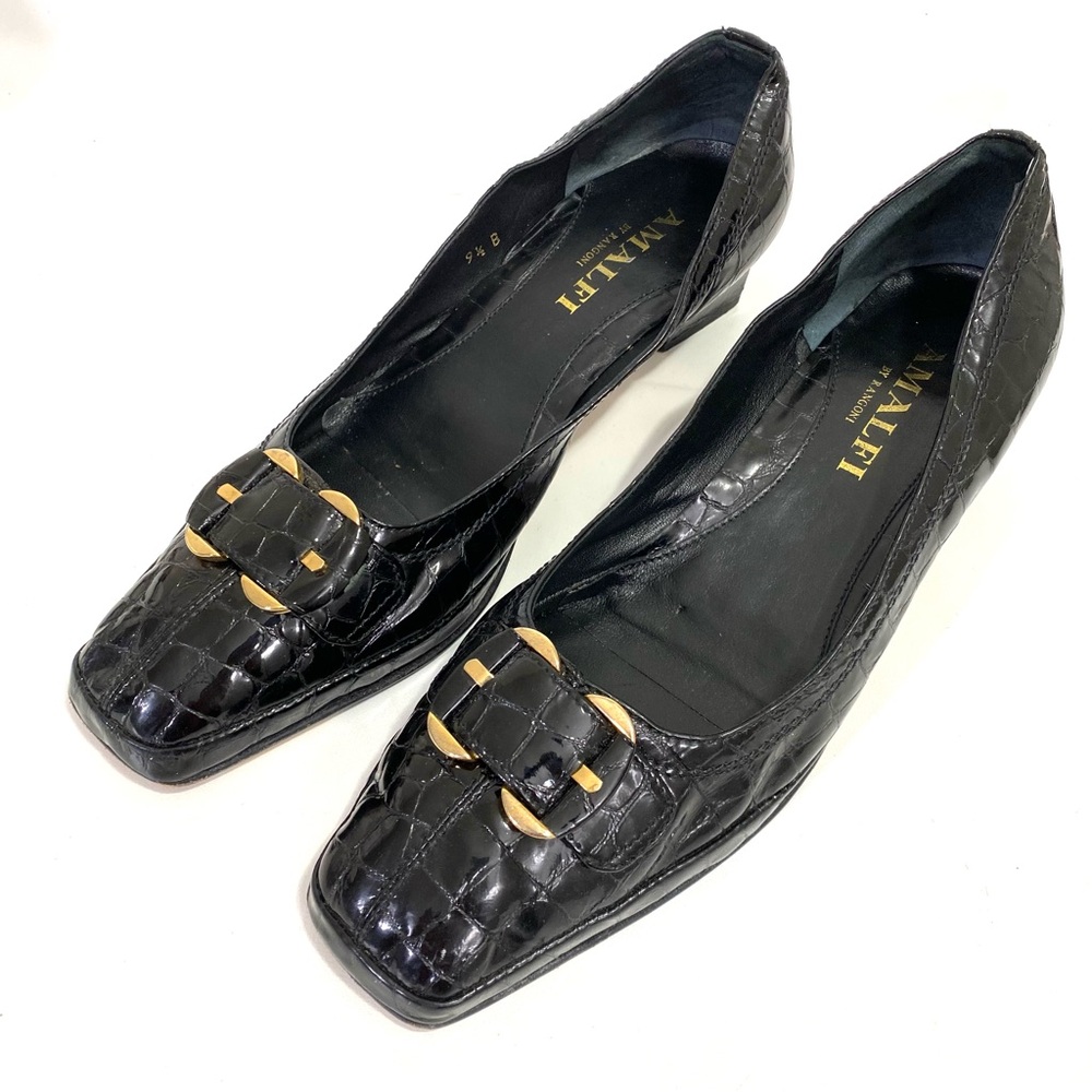 Amalfi by Rangoni Black Italian Leather Square Toe Low Heels – Size 9.5 M
